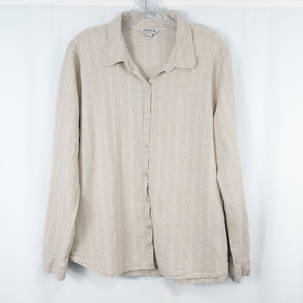 Orvis Linen Rayon Button Up Shirt Women XL Beige Coastal Beach Minimalist Scandi